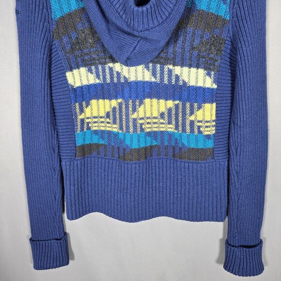 DKNY Jeans Sweater Womens L Blue Wool Blend Hooded Henley Geometric Knit Y2K VTG - Picture 9 of 9